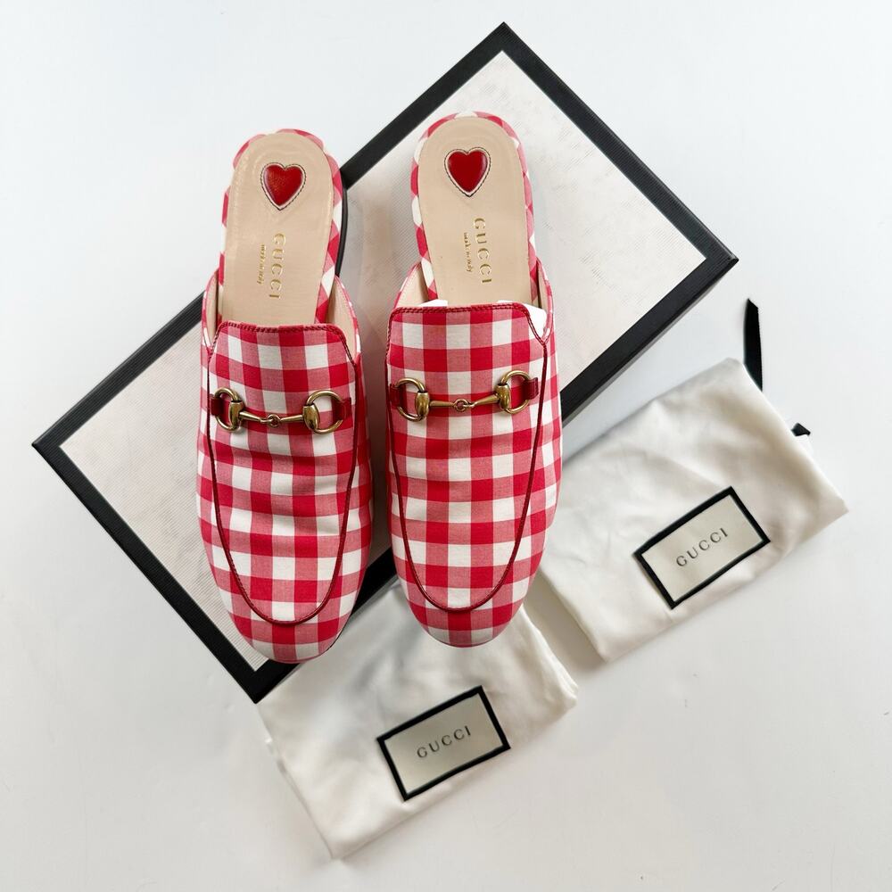 Gucci Princetown Mule Red White Plaid Gold Horsebit Vichy Checkered Size 37 US 7 - Picture 2 of 14